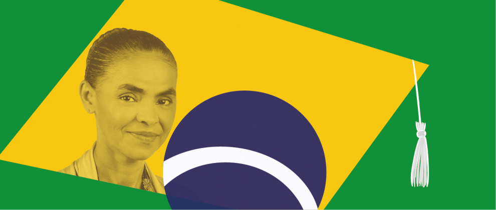 Imagem de Marina Silva em uma ilustrao da bandeira do Brasil.