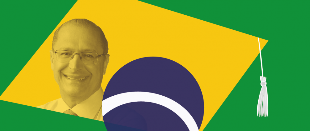 Imagem de Geraldo Alckmin dentro de uma ilustrao da bandeira do Brasil