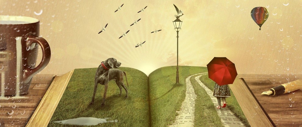 Ilustrao de um livro aberto com um cachorro e garota com guarda chuva