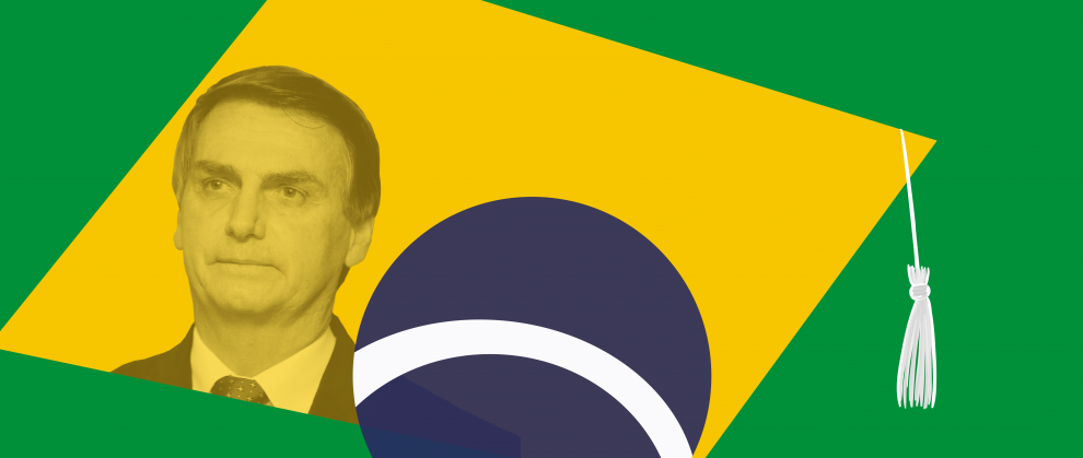 Imagem de Jair Bolsonaro em uma ilustrao da bandeira do Brasil.