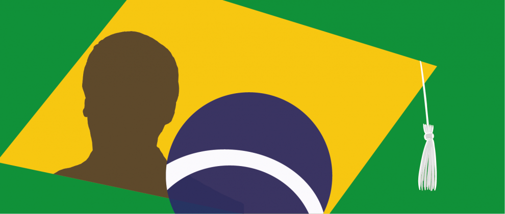 Silhueta de uma pessoa em uma ilustrao da bandeira do Brasil.