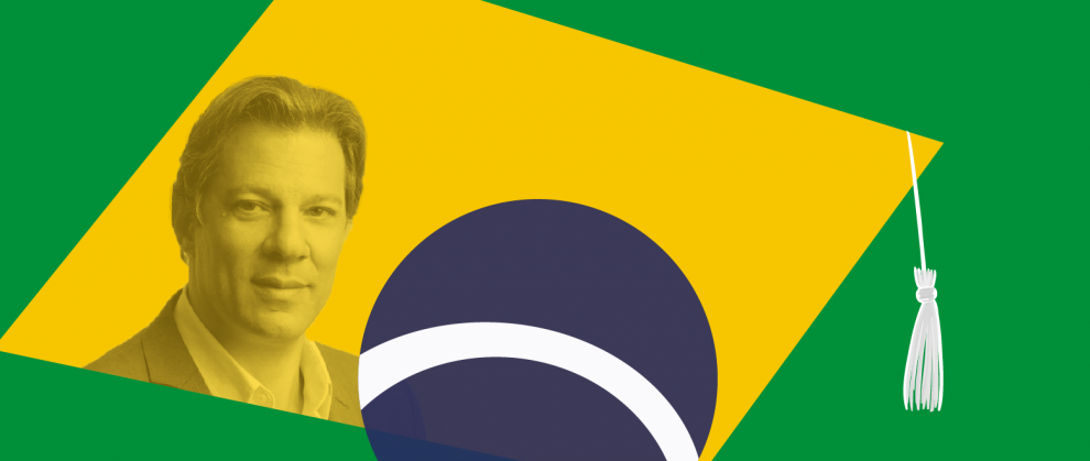Imagem de Fernando Haddad em uma ilustrao da bandeira do Brasil.
