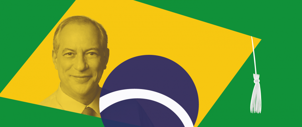 Imagem de Ciro Gomes dentro de uma ilustrao da bandeira do Brasil